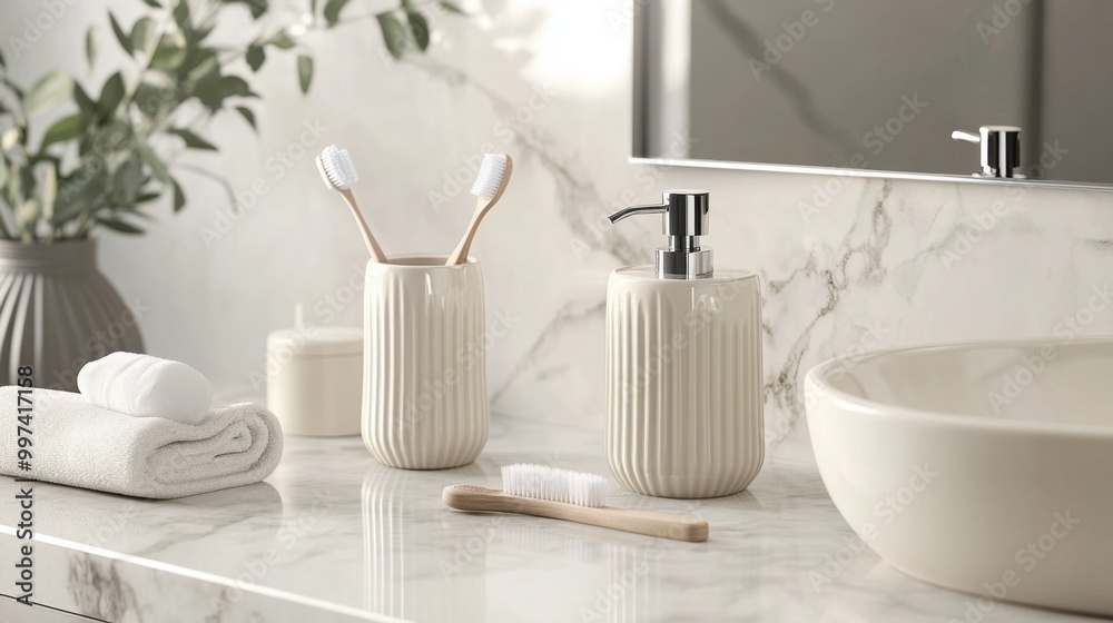 A chic bathroom setup with a soap dispenser, toothbrush holder, and cotton jar all in matching ceramic designs on a marble countertop. A chic bathroom setup with a soap dispenser, toothbrush holder, and cotton jar all in matching ceramic designs on a marble countertop.