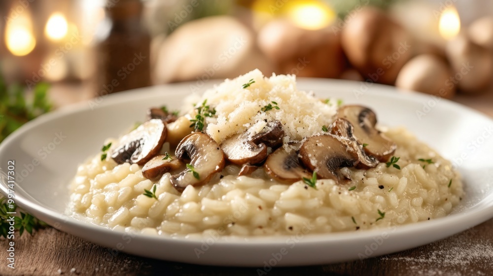 A classic Italian risotto with wild mushrooms and parmesan, presented elegantly on a white plate. A classic Italian risotto with wild mushrooms and parmesan, presented elegantly on a white plate.