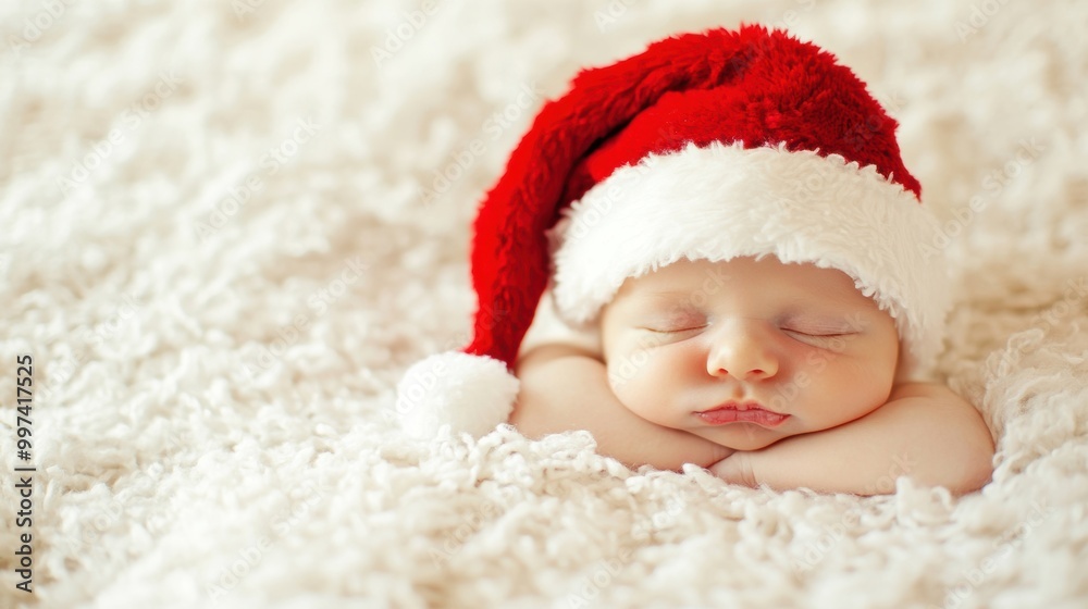 A cute newborn baby is sleeping soundly on a plush white blanket, adorned with a festive Santa hat for a holiday vibe A cute newborn baby is sleeping soundly on a plush white blanket, adorned with a festive Santa hat for a holiday vibe