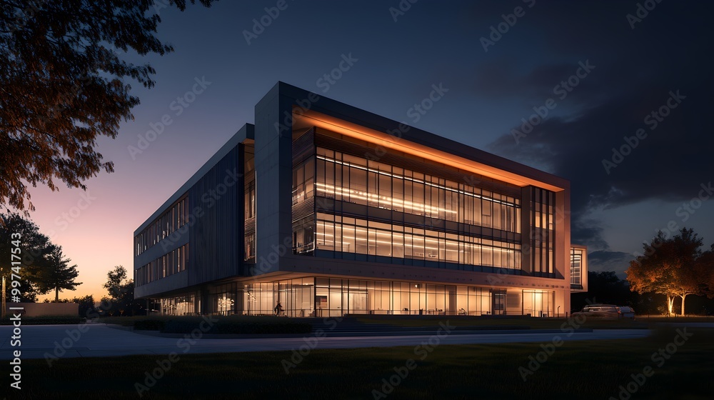 Obraz premium Serene Modern Building at Night with Soft Illuminations