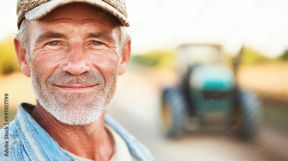 A cheerful farmer enjoys a sunny day, posing with his tractor in the background, emphasizing the joy of farming life