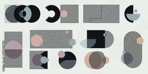 Monochromatyczny zestaw abstrakcyjnych elementów z kolorystycznym akcentem. Geometryczne kształty w paski, minimalistyczne cienkie linie, łuki, elipsy, kwadraty. Ilustracja wektorowa.
