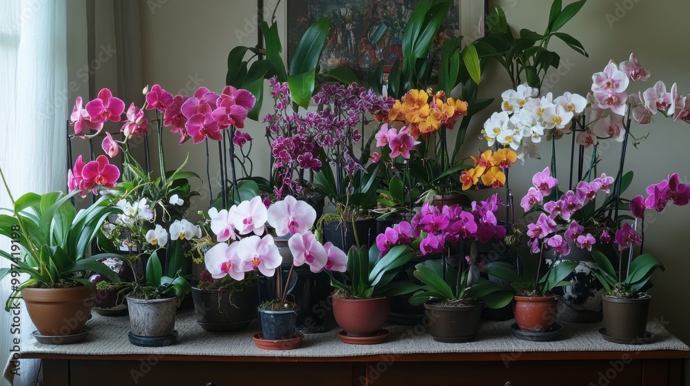 A collection of orchids in various pots, showcasing different growth stages and colors in a home setting. A collection of orchids in various pots, showcasing different growth stages and colors in a home setting.
