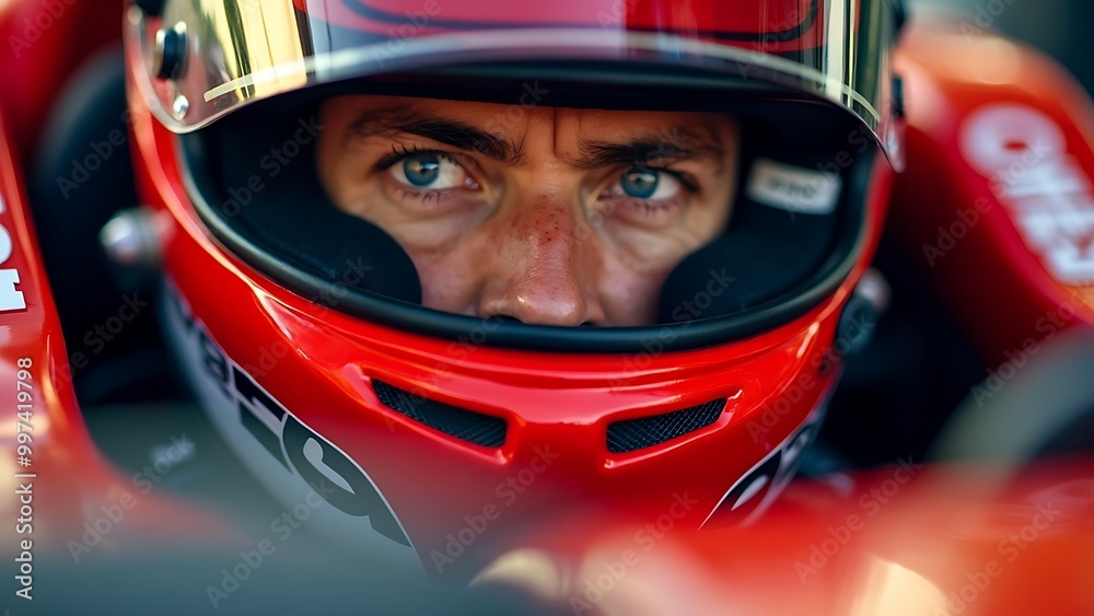 Formula 1 driver in red racing helmet inside the car, motorsport theme Formula 1 driver in red racing helmet inside the car, motorsport theme