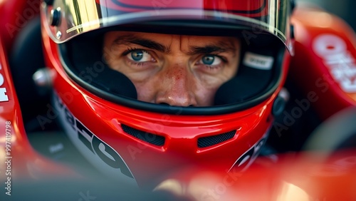 Formula 1 driver in red racing helmet inside the car, motorsport theme