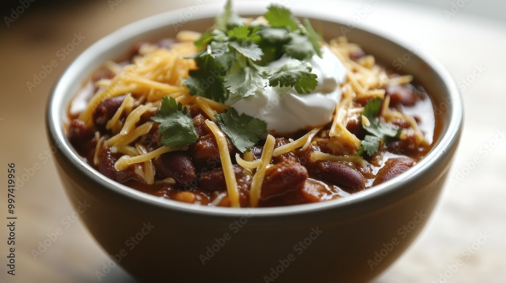 A comforting bowl of chili topped with shredded cheese, sour cream, and fresh cilantro, perfect for sharing. A comforting bowl of chili topped with shredded cheese, sour cream, and fresh cilantro, perfect for sharing.