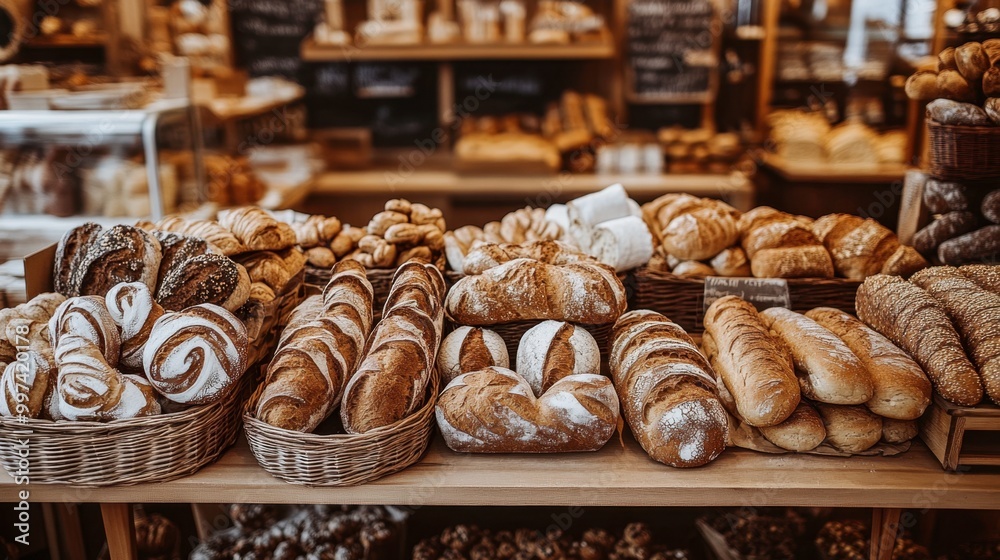 A cozy bakery display showcasing different loaves of bread, from baguettes to sourdough and rye. A cozy bakery display showcasing different loaves of bread, from baguettes to sourdough and rye.