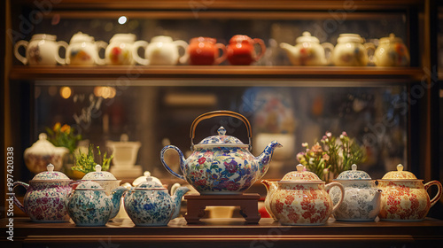 An elegant tea display featuring a fine selection of teapots, teacups, and gourmet teas arranged beautifully.