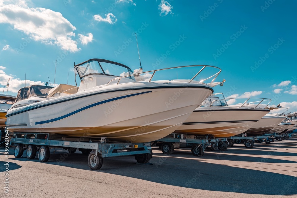 Fototapeta premium Luxury boats on trailers in a sunny parking lot at a boat sports store ready for sale or rental