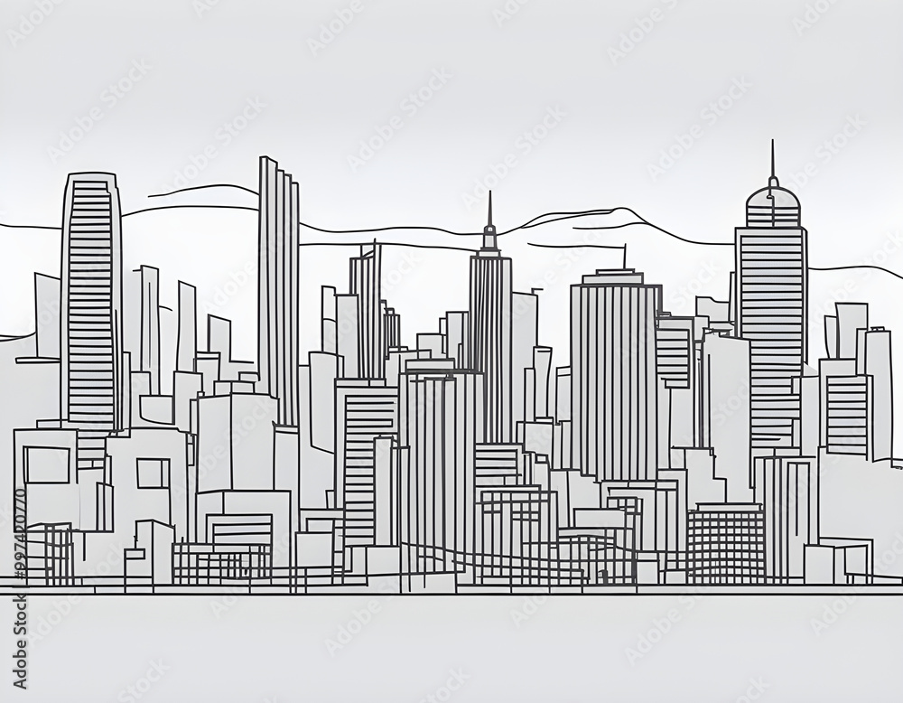Fototapeta premium black Modern cityscape continuous one line vector drawing background