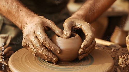 Hands Skillfully Molding Clay on Pottery Wheel