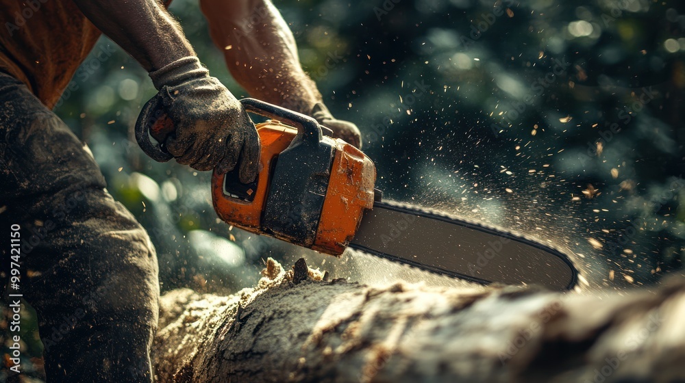 A person using a chainsaw to cut through a log in a forested environment. A person using a chainsaw to cut through a log in a forested environment.