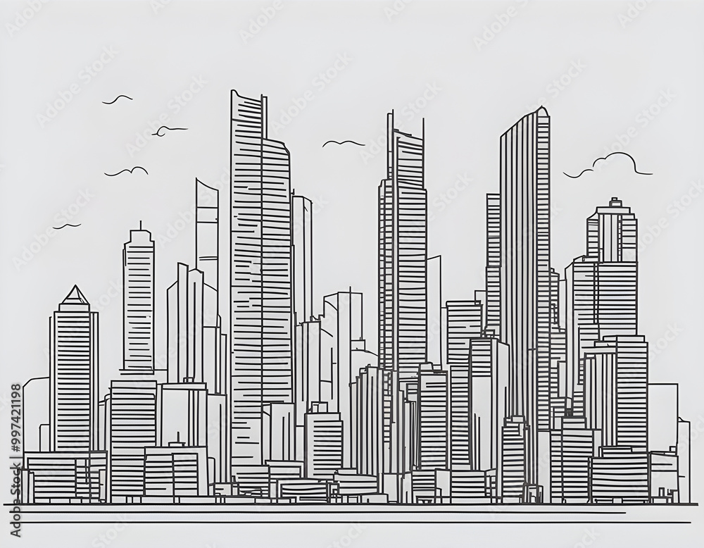 Fototapeta premium black Modern cityscape continuous one line vector drawing background