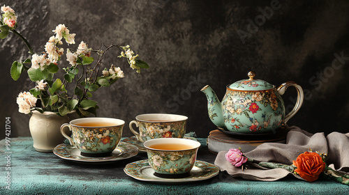 An elegant tea arrangement with fine china teacups, a delicate teapot, and a selection of premium teas.