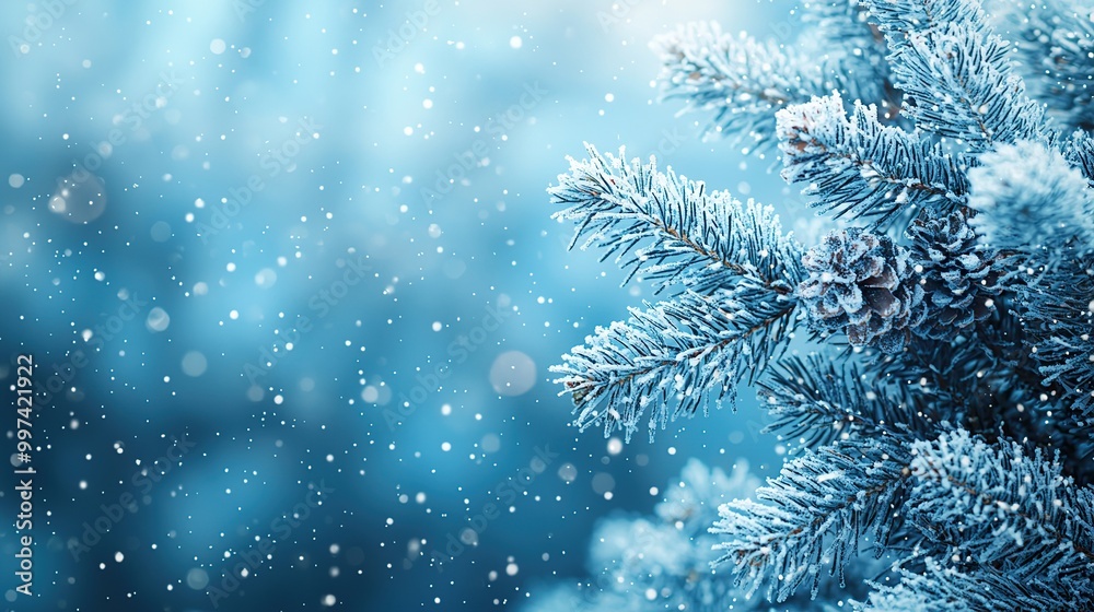 Close-up of a frosted pine branch with snow falling in the background.