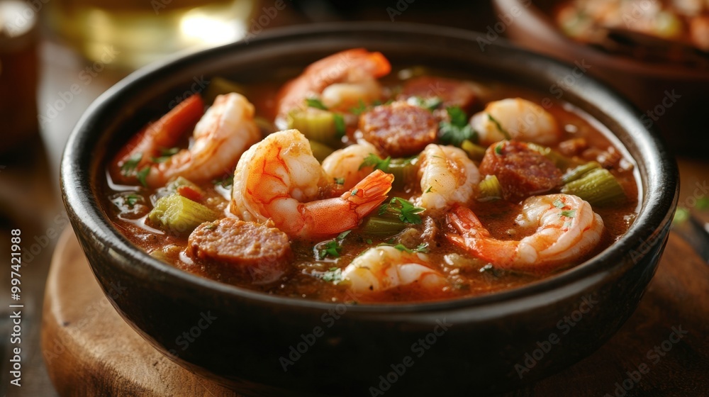 A delightful bowl of seafood gumbo, brimming with shrimp, sausage, and okra, perfect for a cozy meal. A delightful bowl of seafood gumbo, brimming with shrimp, sausage, and okra, perfect for a cozy meal.