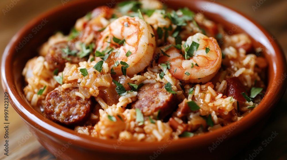 A flavorful jambalaya filled with shrimp, sausage, and rice, presented in a vibrant dish with herbs sprinkled on top. A flavorful jambalaya filled with shrimp, sausage, and rice, presented in a vibrant dish with herbs sprinkled on top.
