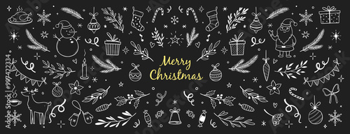 Christmas drawn xmas tree, leaf, holly wreath background. Hand drawn doodle sketch holly floral, christmas tree leaves, snowflake. Holiday ornament, rustic wreath sketch doodle. Vector illustration