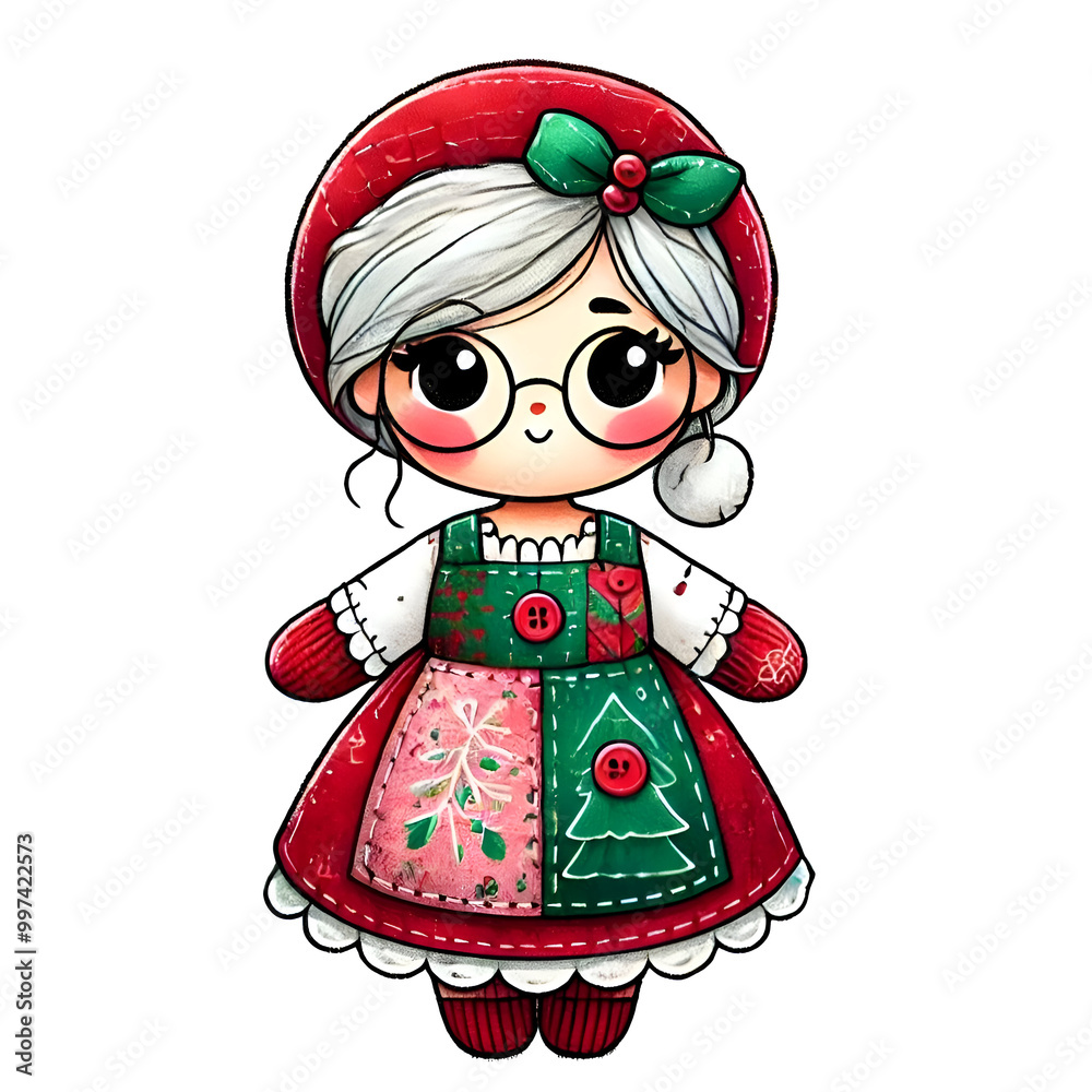 Adorable Mrs. Claus doll in festive red and green patchwork dress with glasses and Santa hat, Christmas illustration
Adorable Mrs. Claus doll in festive red and green patchwork dress with glasses and Santa hat, Christmas illustration