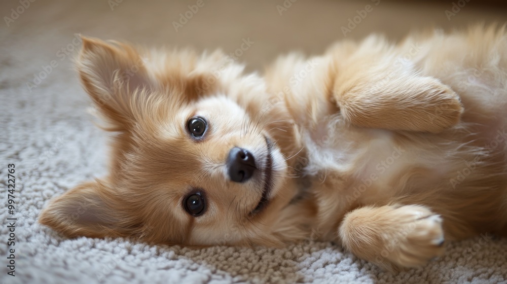 A fluffy puppy lying on its back, showing its belly, ready for a belly rub, with a playful grin. A fluffy puppy lying on its back, showing its belly, ready for a belly rub, with a playful grin.