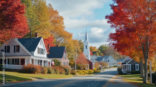 Fototapeta Naklejka Na Ścianę i Meble -  A quaint New England village showcases stunning autumn foliage, with vibrant red, orange, and yellow leaves lining the streets and charming houses. A steeple rises in the background