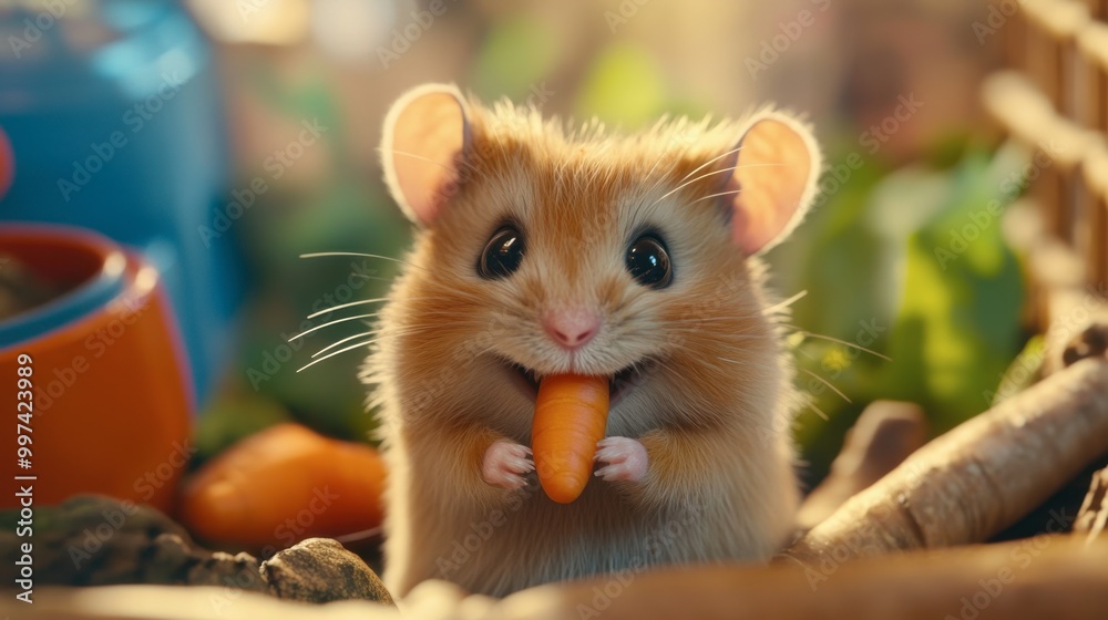 A hamster nibbling on a carrot, sitting in the corner of its cage with contentment. A hamster nibbling on a carrot, sitting in the corner of its cage with contentment.
