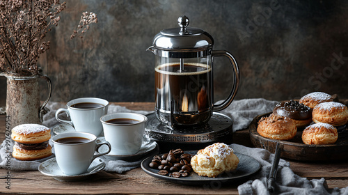 An elegant coffee setup with a French press, coffee beans, and a steaming cup.