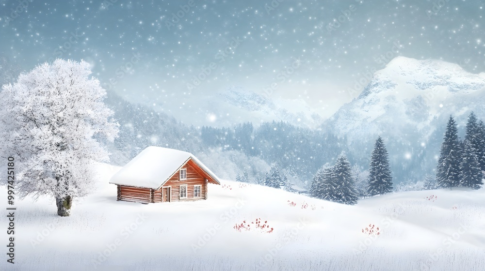 Serene Winter Landscape with Cozy Cabin and Snowfall Serene Winter Landscape with Cozy Cabin and Snowfall