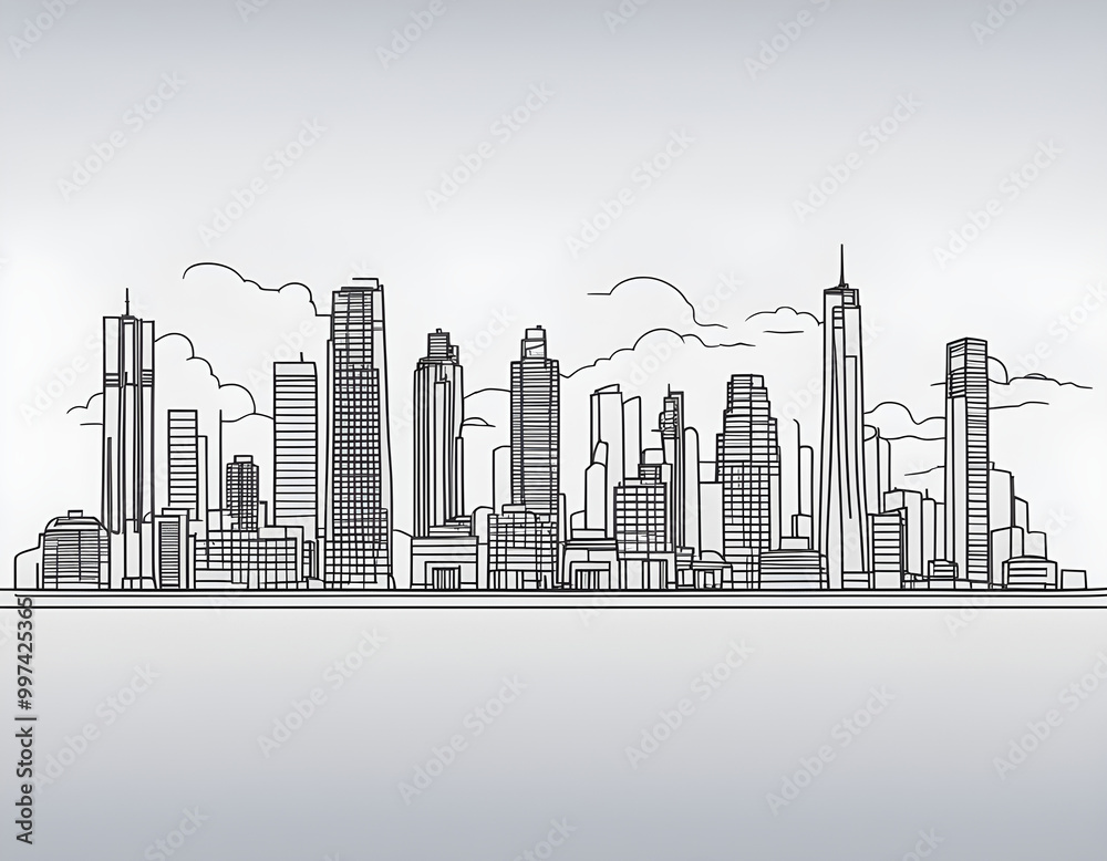 Obraz premium black Modern cityscape continuous one line vector drawing background