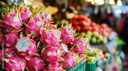 A market stall overflowing with colorful Thai dragon fruits, highlighting their exotic pink and white interior.