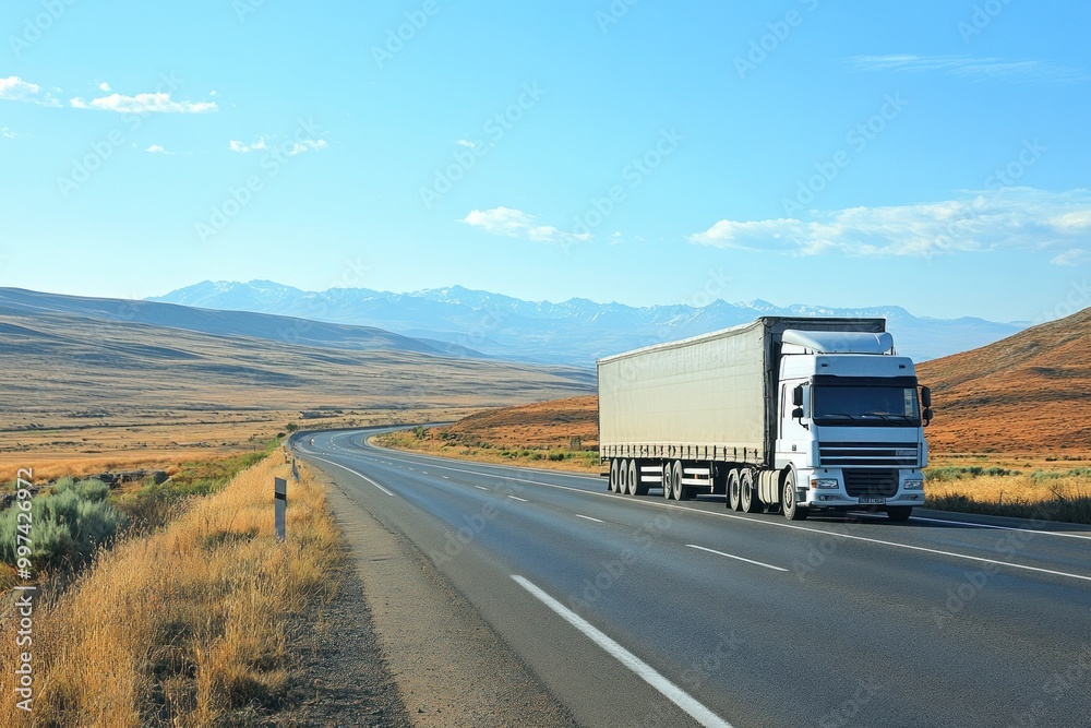 Large Commercial Truck on Open Highway in Beautiful Landscape Large Commercial Truck on Open Highway in Beautiful Landscape