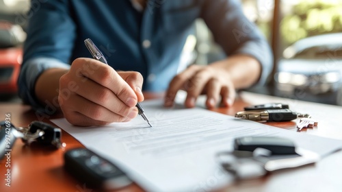 A person signing a document with car keys and pens on a table.