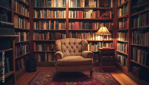 A cozy library scene with shelves of vintage books, a comfy chair, and soft lighting, perfect for literary enthusiasts