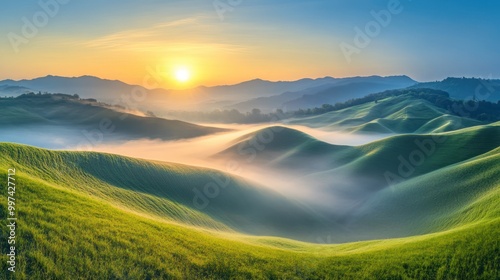 A serene landscape at sunrise, showcasing rolling green hills and misty valleys.