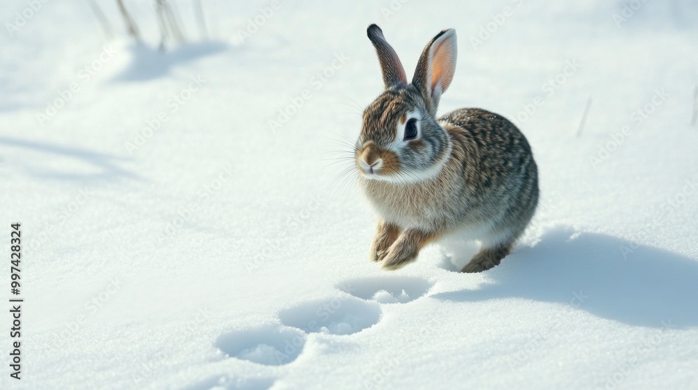 A rabbit hopping through a snowy landscape, leaving tiny paw prints behind. A rabbit hopping through a snowy landscape, leaving tiny paw prints behind.