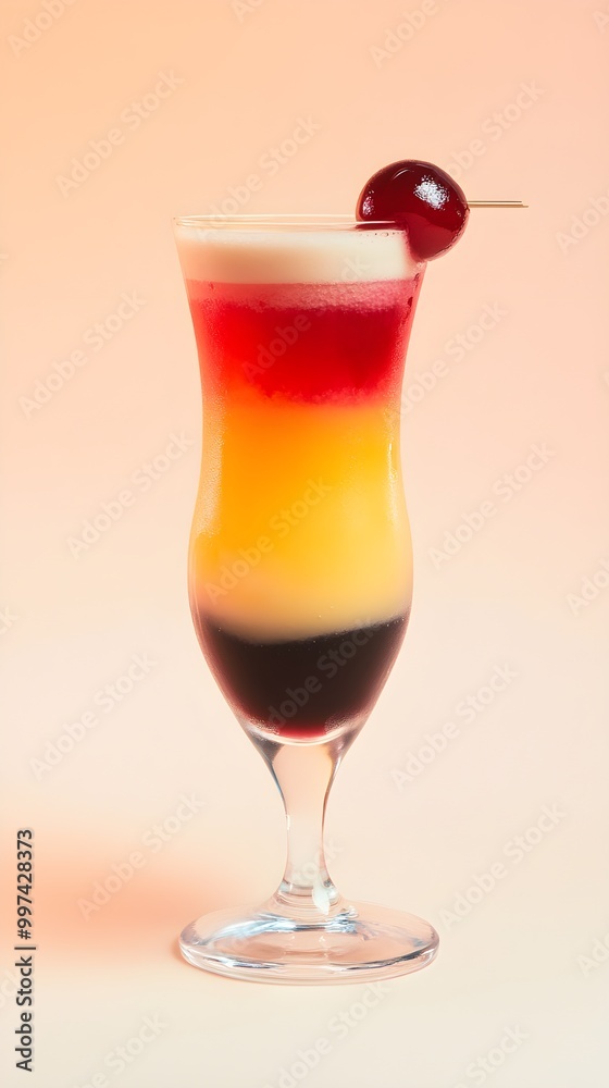 Colorful Layered Cocktail with Cherry Garnish Colorful Layered Cocktail with Cherry Garnish
