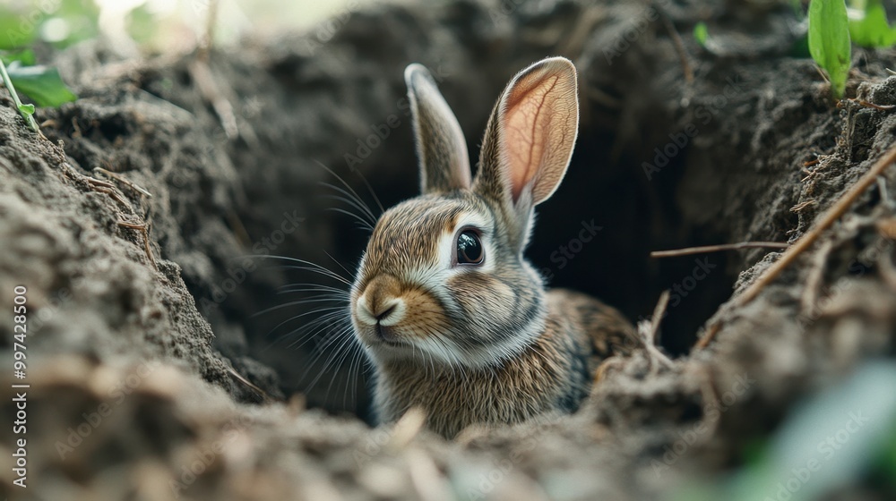 A rabbit poking its head out of a hole in the ground, looking out curiously at the world. A rabbit poking its head out of a hole in the ground, looking out curiously at the world.
