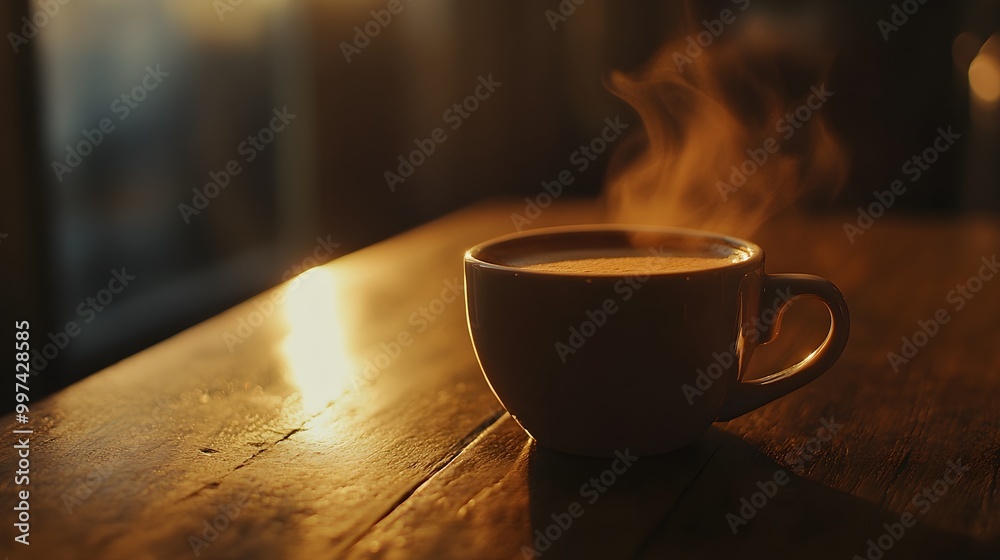 Steaming Cup of Coffee on Wooden Table at Sunrise Steaming Cup of Coffee on Wooden Table at Sunrise
