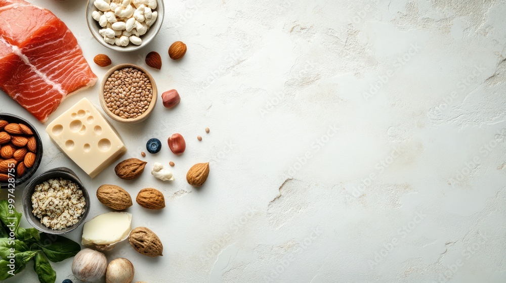 A variety of healthy foods arranged on a light surface, showcasing nutrition and meal prep. A variety of healthy foods arranged on a light surface, showcasing nutrition and meal prep.