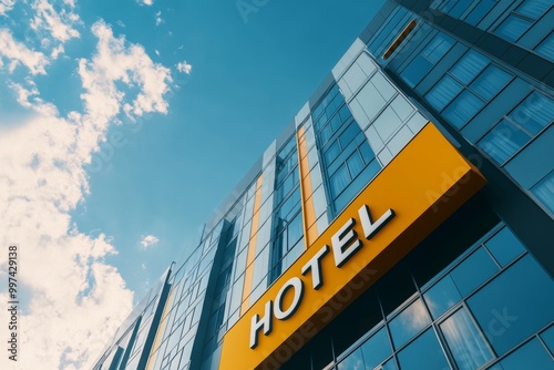 Modern luxury hotel exterior featuring a prominent sign against a clear blue sky in a vibrant urban location