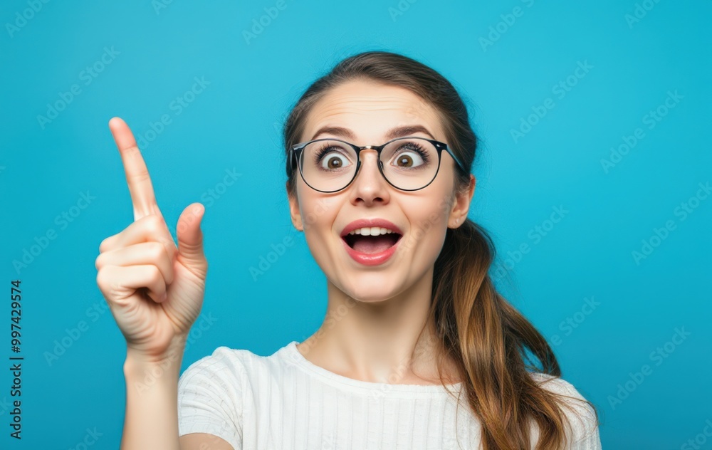 Joyful Woman with Wide Eyes and Pointing Gesture Joyful Woman with Wide Eyes and Pointing Gesture