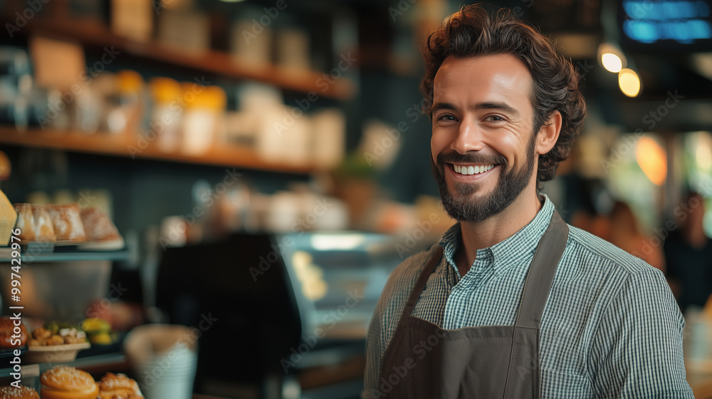 cheerful barista smiles warmly in cozy cafe, showcasing delicious pastries and welcoming atmosphere. His friendly demeanor enhances inviting environment. cheerful barista smiles warmly in cozy cafe, showcasing delicious pastries and welcoming atmosphere. His friendly demeanor enhances inviting environment.