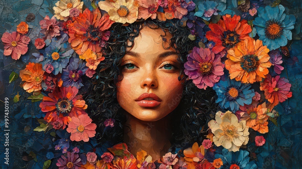 captivating portrait of a woman surrounded by an explosion of colorful flowers blending realism and abstract elements in a trendy paper collage style that radiates vibrancy and joy captivating portrait of a woman surrounded by an explosion of colorful flowers blending realism and abstract elements in a trendy paper collage style that radiates vibrancy and joy