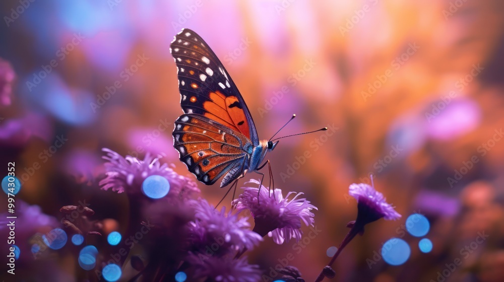 Butterfly on a Flower in a Field of Purple Blooms Butterfly on a Flower in a Field of Purple Blooms