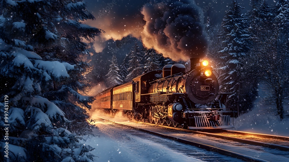 Old steam locomotive driving at night through a dreamlike snowy forest at christmas time Old steam locomotive driving at night through a dreamlike snowy forest at christmas time