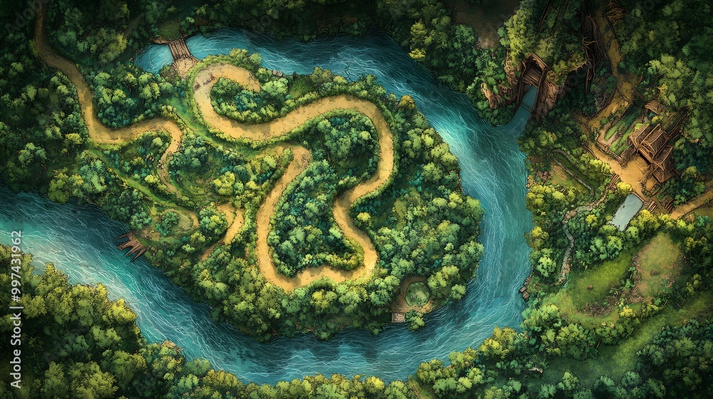 Fantasy Map of a Serpentine River and Lush Landscape Fantasy Map of a Serpentine River and Lush Landscape