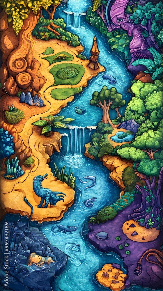 Colorful Fantasy Landscape with River and Trees Colorful Fantasy Landscape with River and Trees