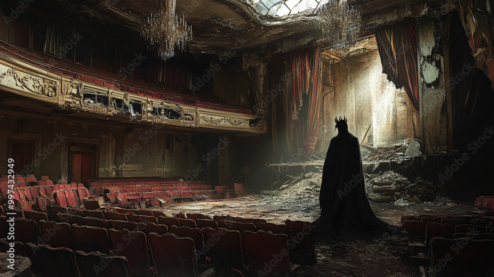 An eerie depiction of a demon in a dimly lit, abandoned opera house with broken chandeliers and rotting seats. An eerie depiction of a demon in a dimly lit, abandoned opera house with broken chandeliers and rotting seats.