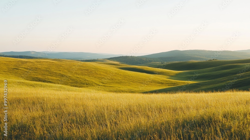 The expansive grassy hillside features gently sloping terrain that descends toward the horizon, showcasing rolling hills bathed in warm sunset light The expansive grassy hillside features gently sloping terrain that descends toward the horizon, showcasing rolling hills bathed in warm sunset light