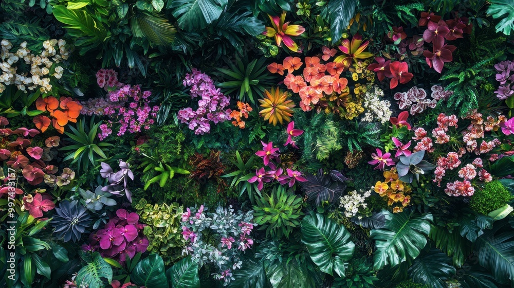 A stunning aerial view of an orchid garden, with a mosaic of colors creating a breathtaking pattern. A stunning aerial view of an orchid garden, with a mosaic of colors creating a breathtaking pattern.